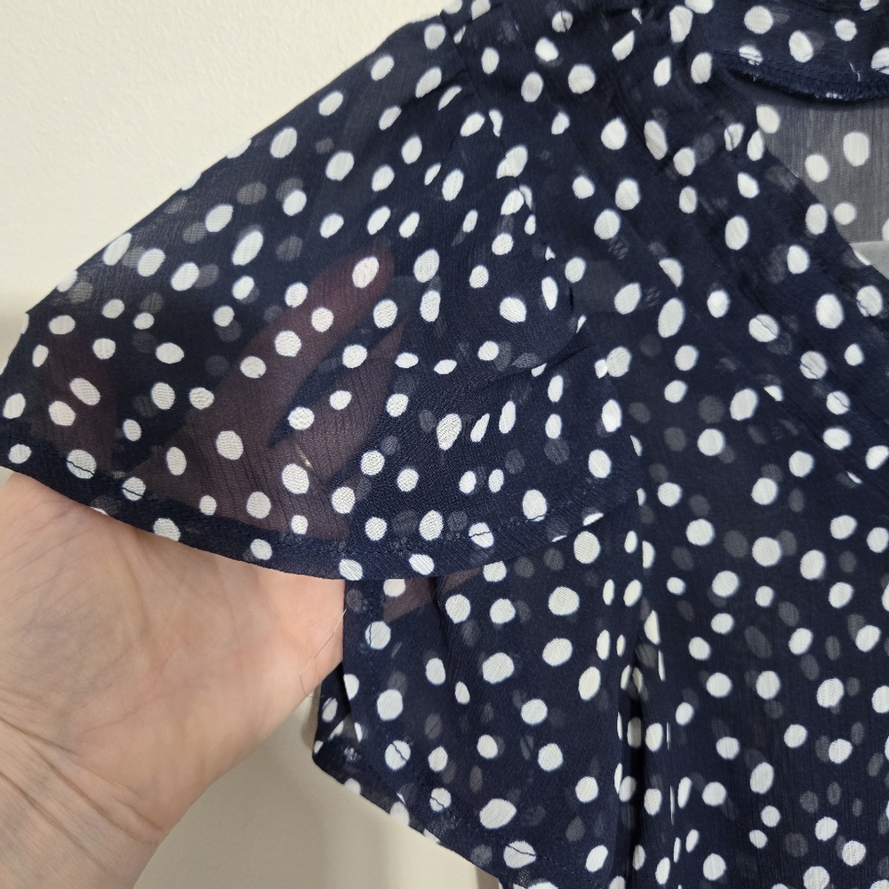 Y2K Zara Basic Dark Blue White Polka Dot Chiffon Seer Blouse S - Picture 8 of 9